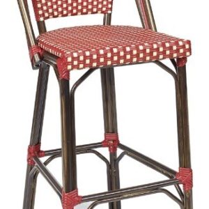 TABURETE ALTO CON RESPALDO ALUMINIO PINTADO Y RATTAN  COLOR ROJO/CREMA